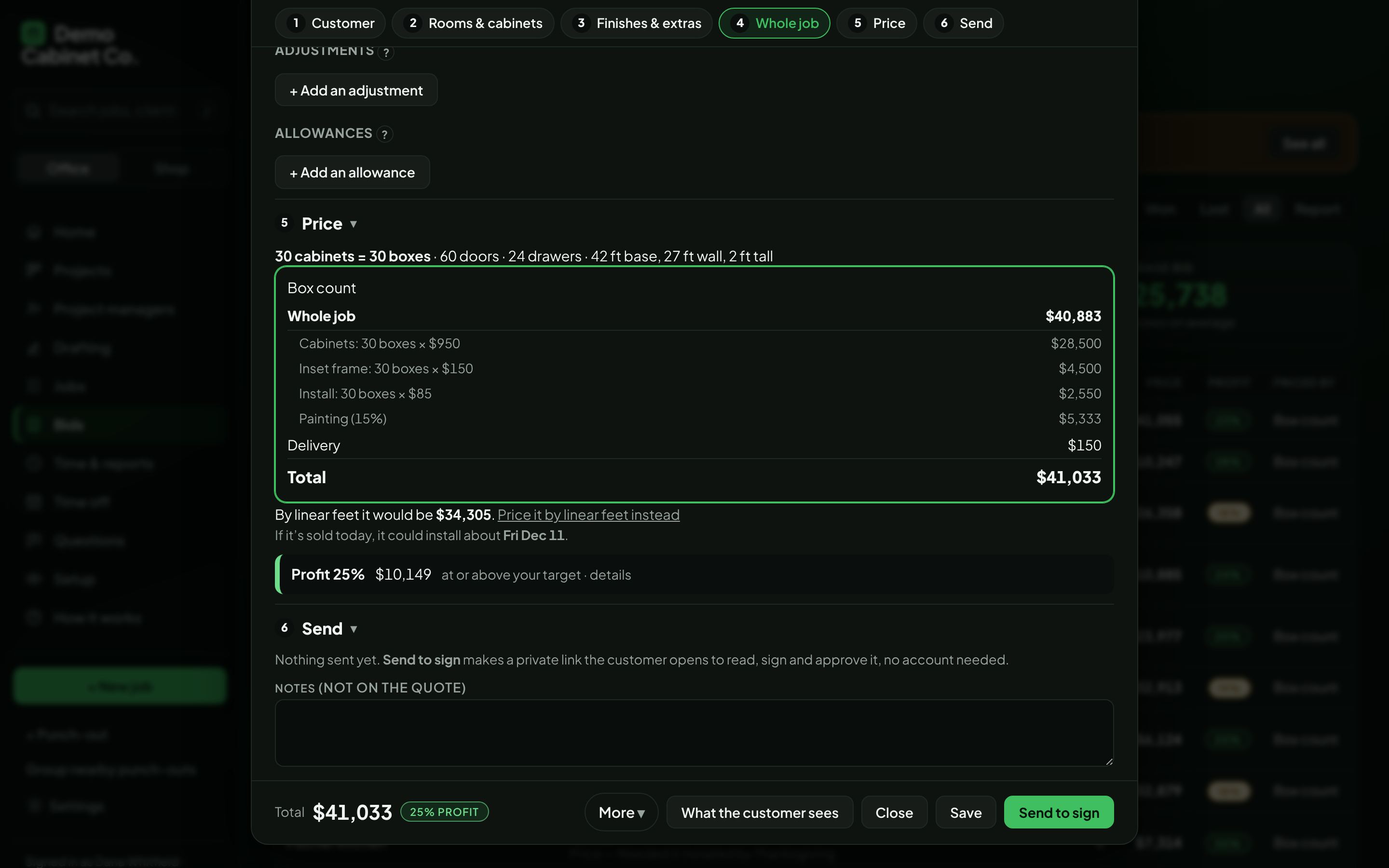 A bid: rooms, cabinets, options and the price, with the profit check