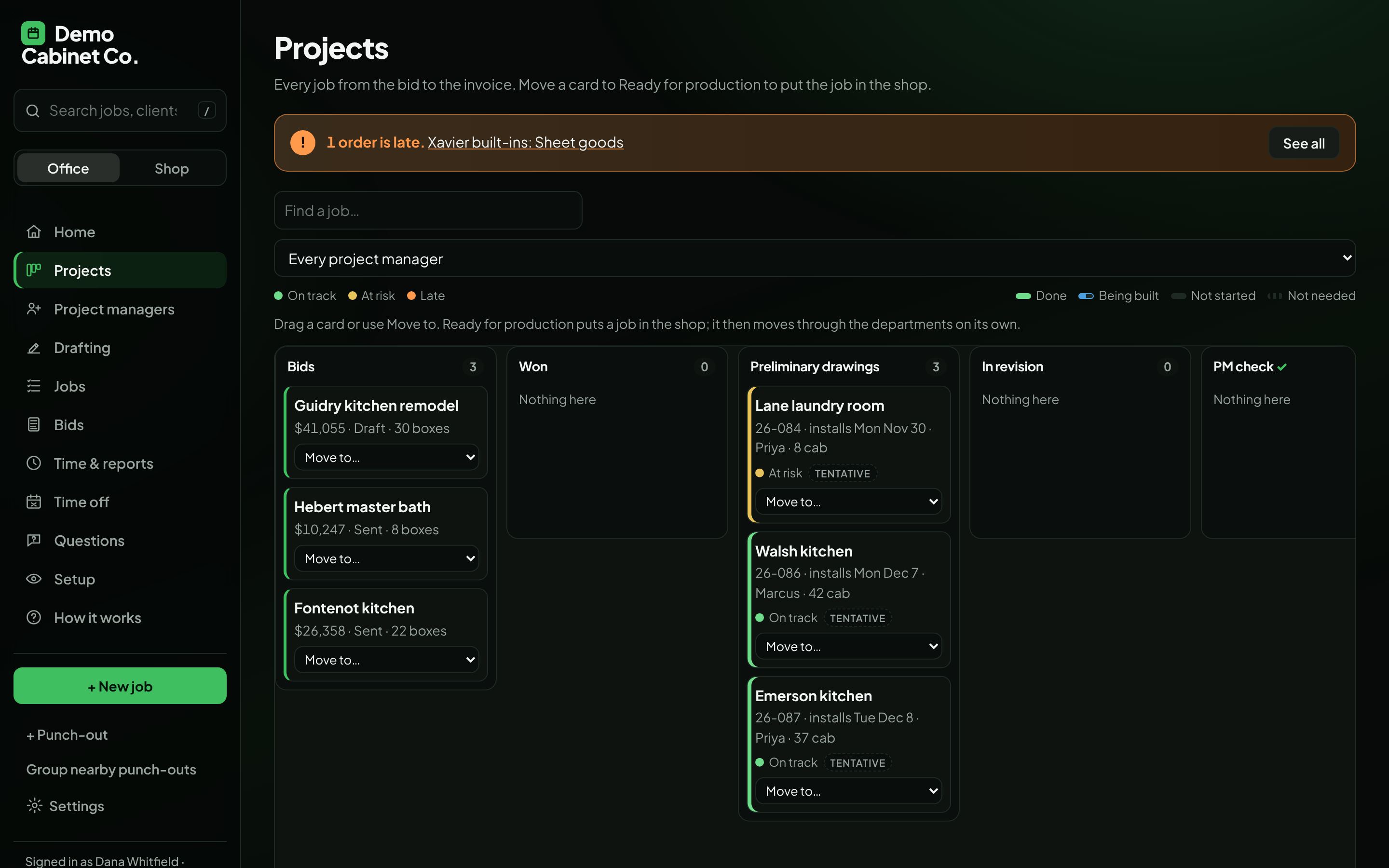 The Projects board: every job as a card, from bids through drawings and the shop, colored on track, at risk or late