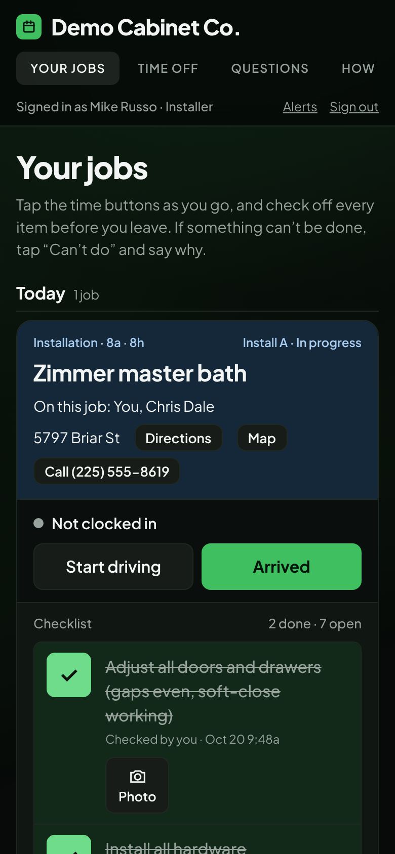 An installer's phone: today's job with directions, time buttons and the checklist