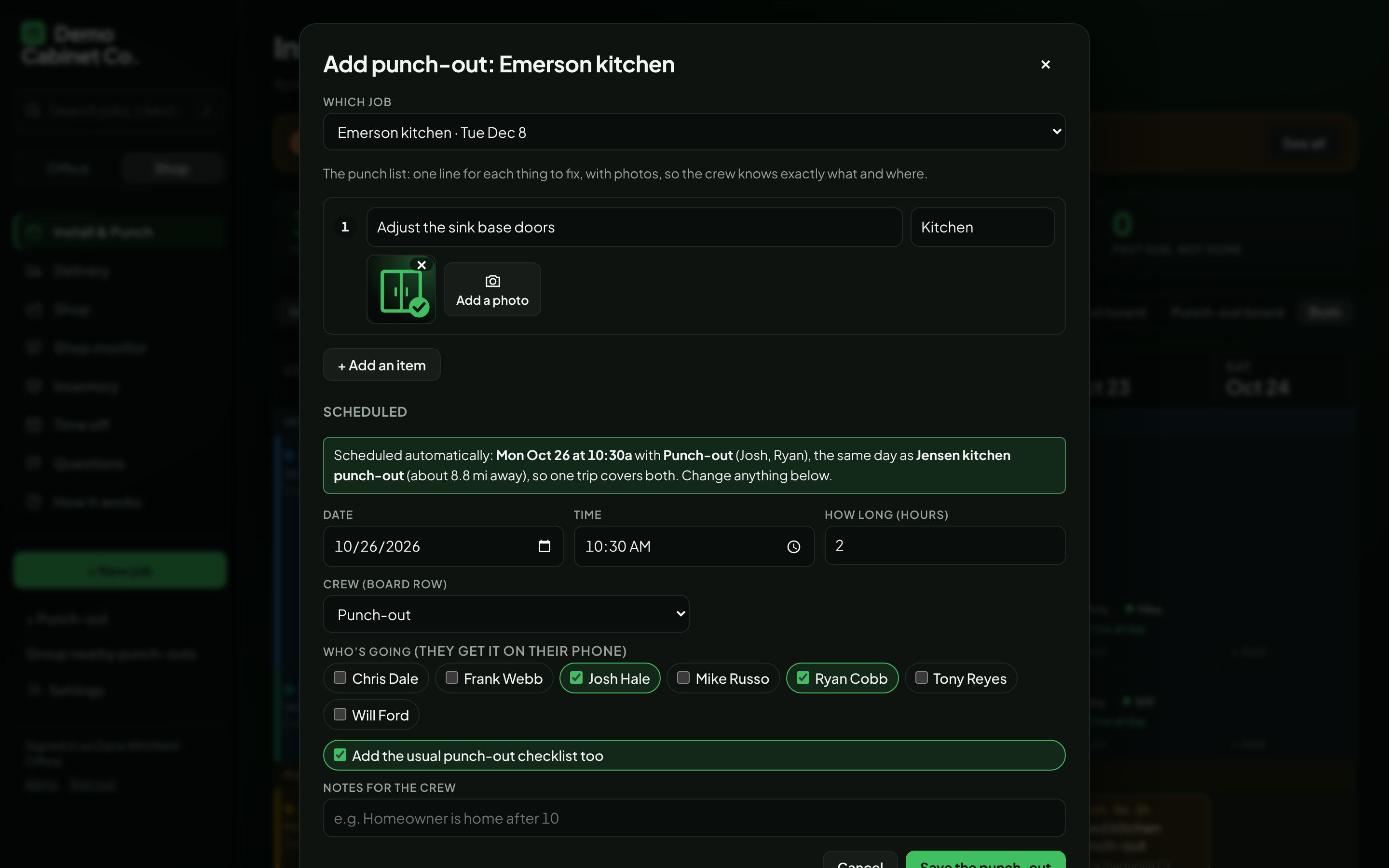 Adding a punch-out: items with photos, scheduled automatically with a crew nearby